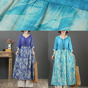 Simple Blue Print Tunic Pattern V Neck Patchwork A Line Spring Dress - SooLinen