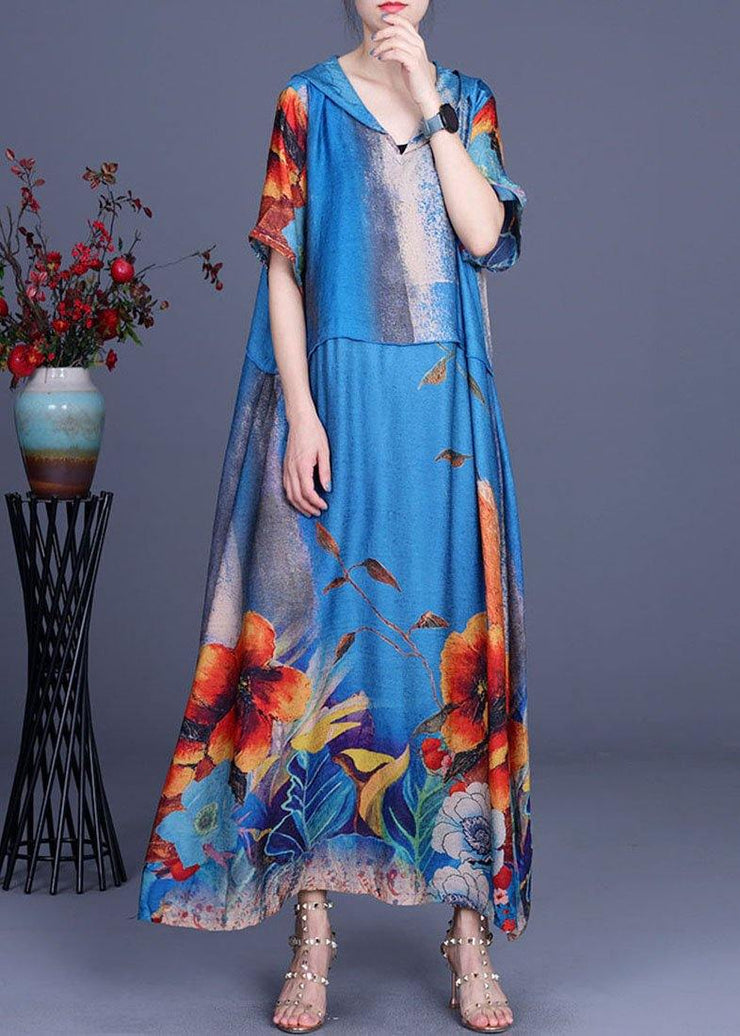 Simple Blue Print hooded Patchwork Silk Ankle Dress Summer - SooLinen