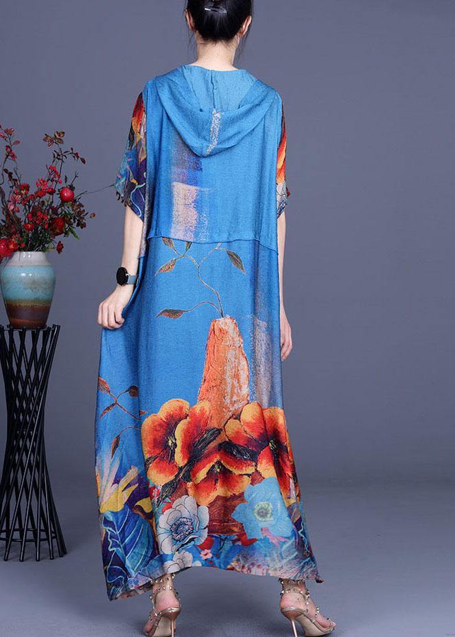 Simple Blue Print hooded Patchwork Silk Ankle Dress Summer - SooLinen