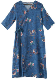 Simple Blue Print tie waist Long Dresses Summer Ramie - SooLinen