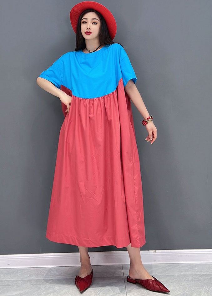 Simple Blue Red Oversized Patchwork Cotton A Line Dress Short Sleeve