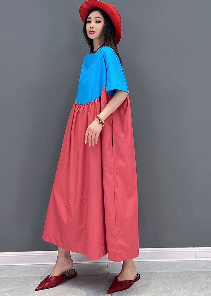 Einfaches, blaues, rotes, übergroßes Patchwork-Baumwoll-A-Linien-Kleid mit kurzen Ärmeln