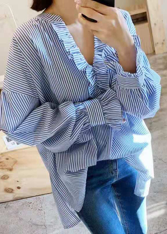 Simple Blue Ruffled Striped Oversized Cotton Shirt Spring