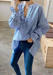 Simple Blue Ruffled Striped Oversized Cotton Shirt Spring