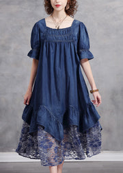 Simple Blue Square Collar Asymmetrical Lace Patchwork Cotton Vacation Dresses Short Sleeve