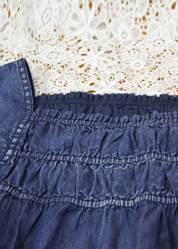 Einfacher blauer quadratischer Kragen Asymmetrische Spitze Patchwork Baumwolle Urlaubskleider Kurzarm