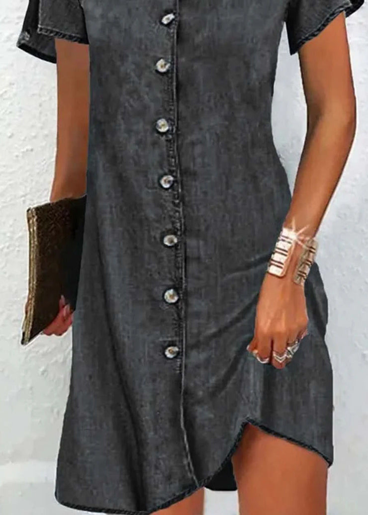 Simple Blue V Neck Button Patchwork Denim Mid Dress Short Sleeve