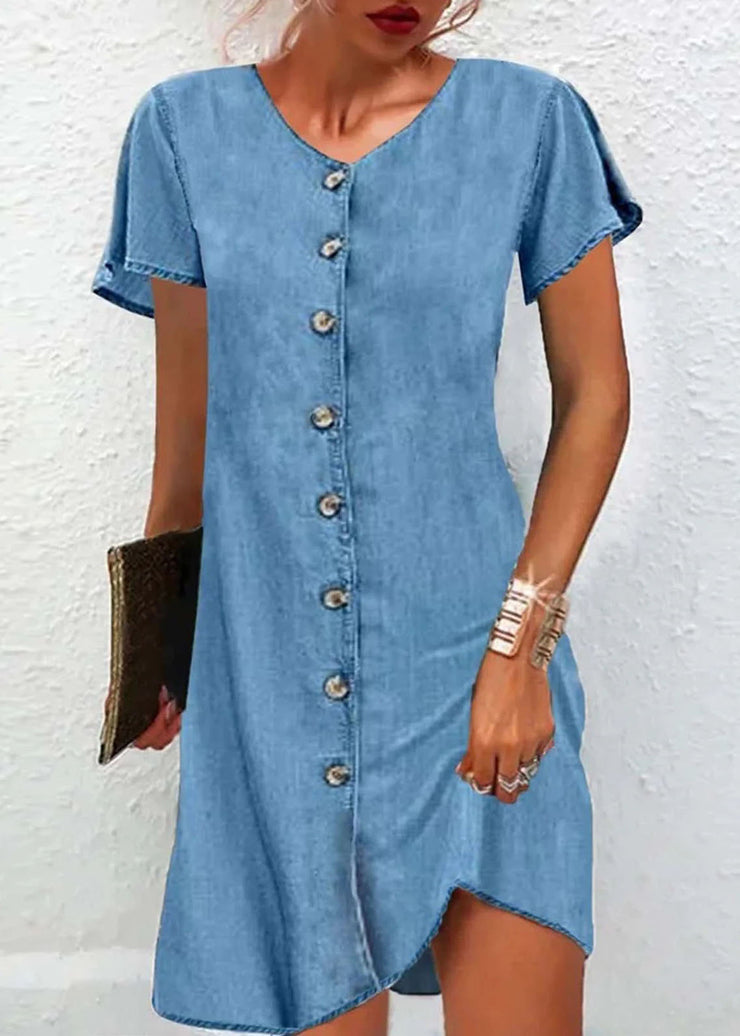 Simple Blue V Neck Button Patchwork Denim Mid Dress Short Sleeve