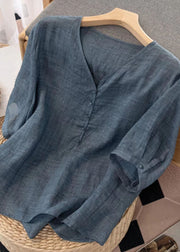 Simple Blue V Neck Button Patchwork Linen T Shirt Summer