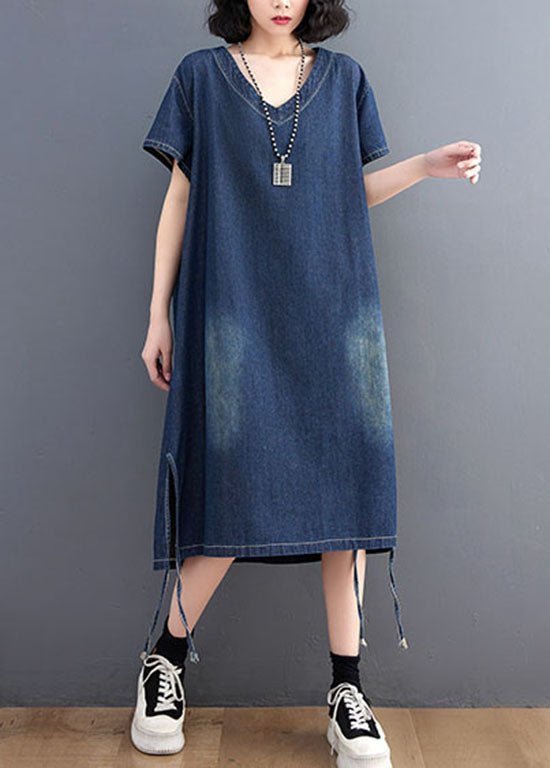 Simple Blue V Neck Patchwork Side Open Denim Dress Summer