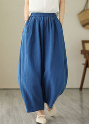 Simple Blue Wrinkled Pockets Elastic Waist Patchwork Linen Skirt Summer