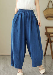 Simple Blue Wrinkled Pockets Elastic Waist Patchwork Linen Skirt Summer