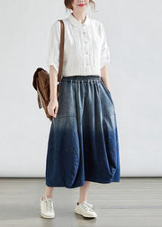 Simple Blue Wrinkled Pockets Gradient Color Denim Skirts Summer