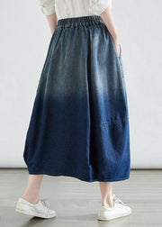 Simple Blue Wrinkled Pockets Gradient Color Denim Skirts Summer