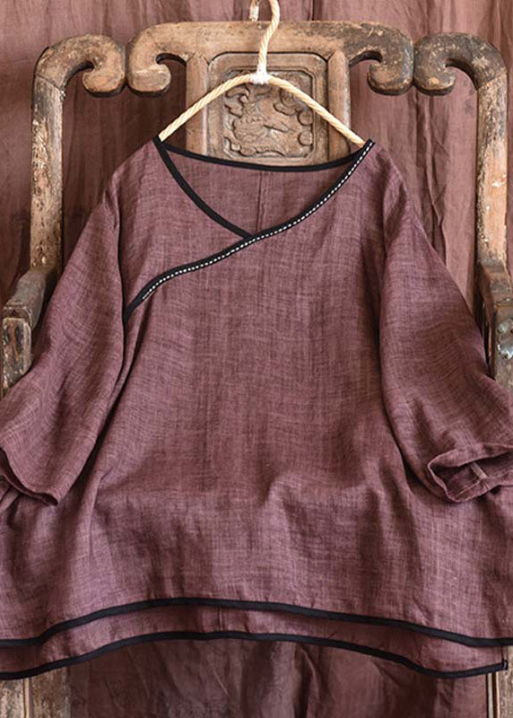 Simple Brick Red V Neck Patchwork Side Open Linen Tops Long Sleeve