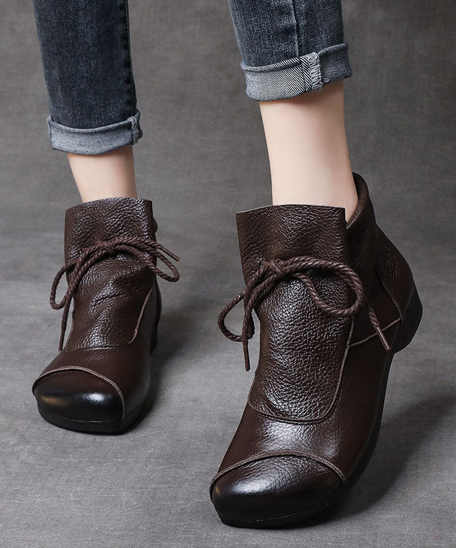 Simple Brown Cowhide Leather Boots Lace Up Splicing Ankle Boots
