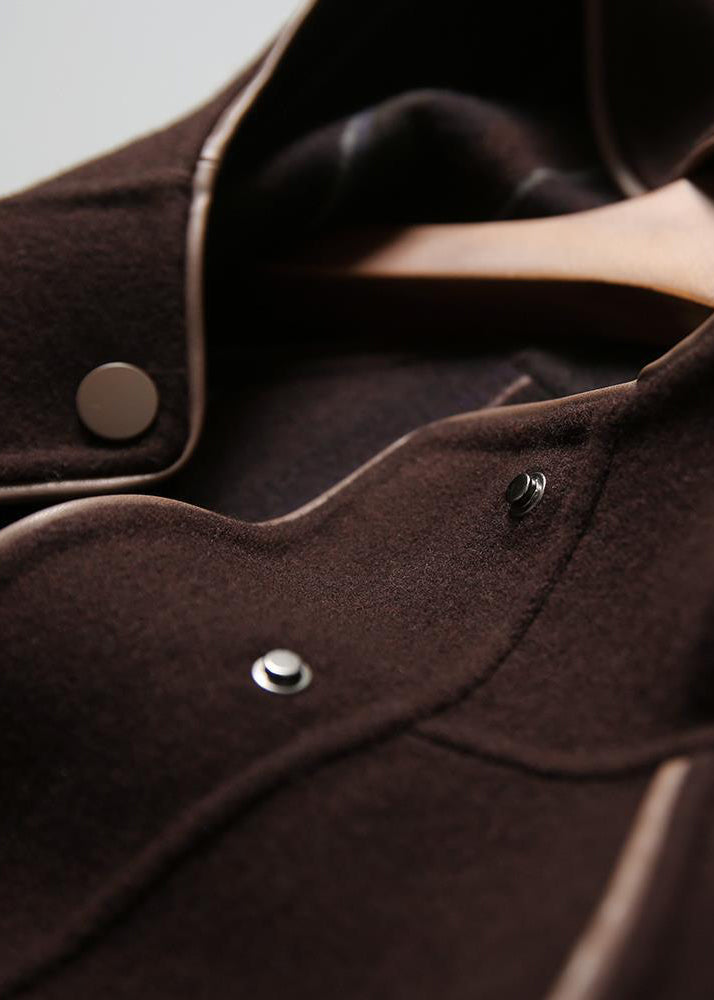 Simple Brown Hooded Patchwork Woolen Coat Outwear Fall