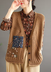 Simple Brown V Neck Button Hollow Out Cotton Knit Waistcoat Sleeveless