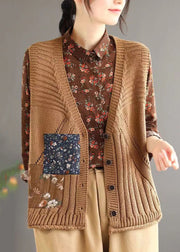 Simple Brown V Neck Button Hollow Out Cotton Knit Waistcoat Sleeveless
