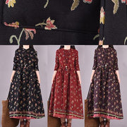 Simple Burgundy Print Dress Drawstring Plus Size Spring Dresses - SooLinen