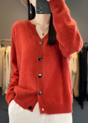 Simple Camel Solid V Neck Button Cashmere Cardigan Long Sleeve