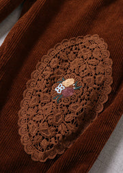 Simple Caramel Embroidered Pockets Corduroy Pants Winter