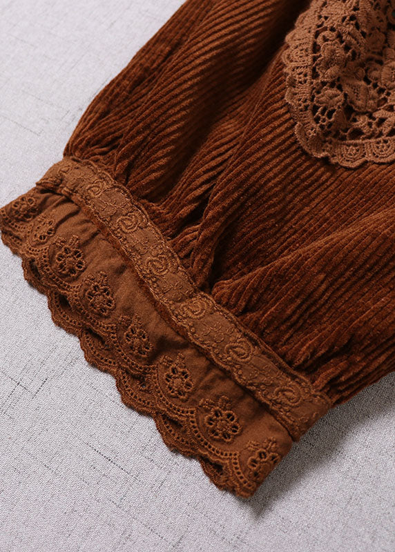 Simple Caramel Embroidered Pockets Corduroy Pants Winter