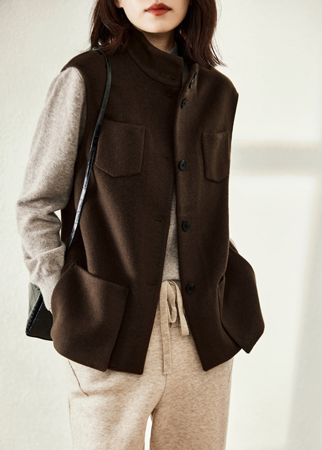 Simple Chocolate Colour Stand Collar Button Pockets Woolen Waistcoat Sleeveless