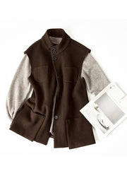 Simple Chocolate Colour Stand Collar Button Pockets Woolen Waistcoat Sleeveless
