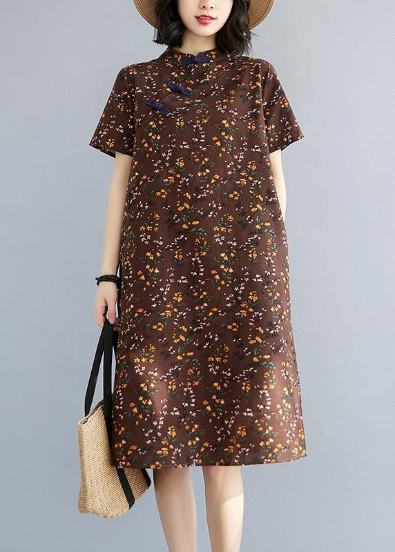 Simple Chocolate Print Oriental Maxi Summer Cotton Dress - SooLinen