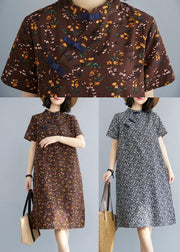Simple Chocolate Print Oriental Maxi Summer Cotton Dress - SooLinen