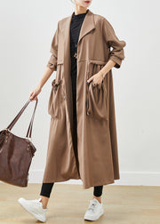 Simple Coffee Cinched Ruffled Pockets Cotton Coat Fall
