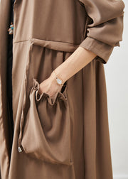 Simple Coffee Cinched Ruffled Pockets Cotton Coat Fall