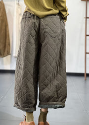 Simple Chocolate Elastic Waist Pockets Fine Cotton Filled Wide Leg Pants Winter