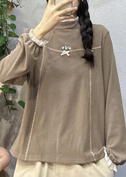 Simple Coffee Embroidered Lace Patchwork Cotton Top Long Sleeve