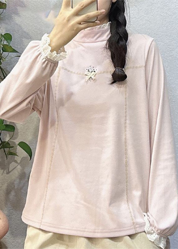 Simple Coffee Embroidered Lace Patchwork Cotton Top Long Sleeve