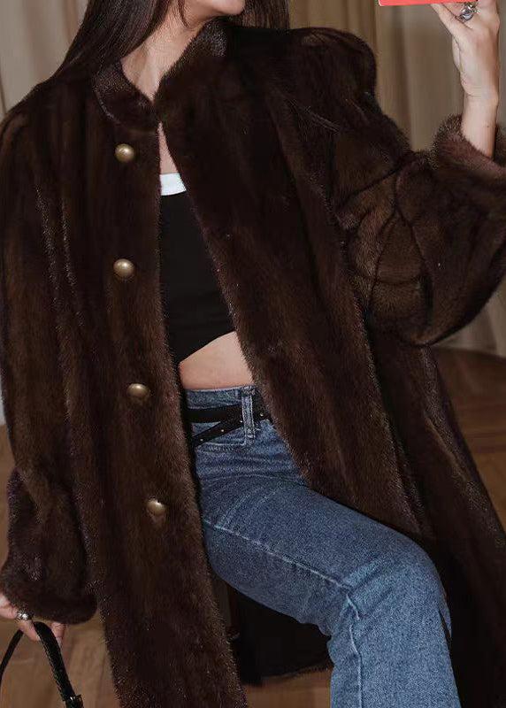 Simple Coffee O-Neck Button Thick Fuzzy Fur Coat Long Sleeve