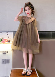 Simple Coffee O-Neck Patchwork Layered Tulle Kids Maxi Dresses Short Sleeve