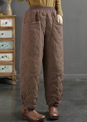 Simple Coffee Pockets Elastic Waist Duck Down Filled Pants Winter