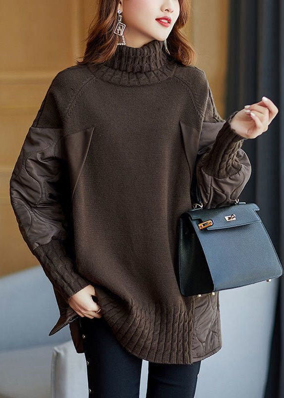 Simple Chocolate Turtleneck Patchwork Loose Fall Knit sweaters