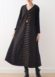 Simple Chocolate V Neck Striped Woolen Maxi Dresses Fall