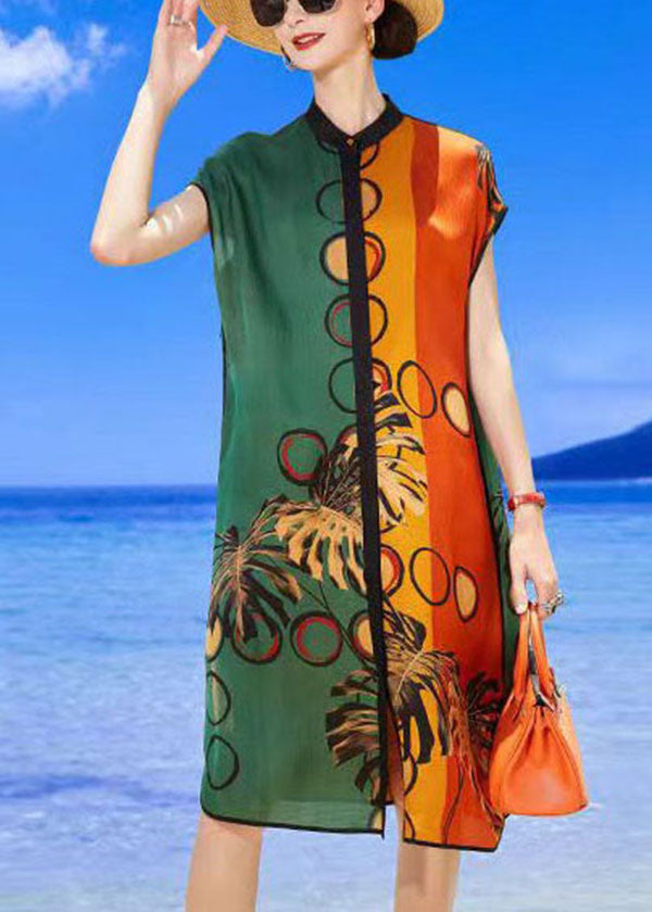 Simple Colorblock Multi Stand Collar Print Silk Beach Dresses Summer