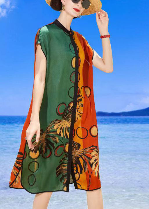 Simple Colorblock Multi Stand Collar Print Silk Beach Dresses Summer