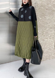 Simple Colorblock O-Neck Woolen Patchwork Fine Cotton Filled Maxi Dresses Winter