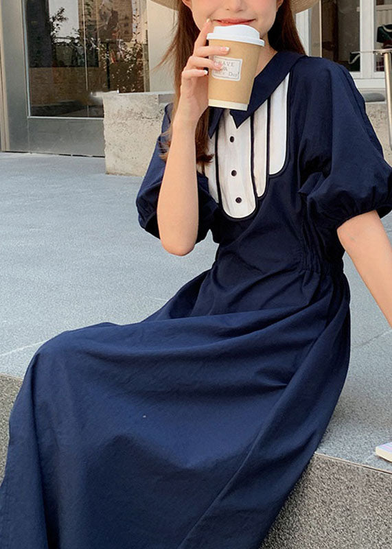 Simple Dark Blue Print Cinched Button Long Dresses Summer