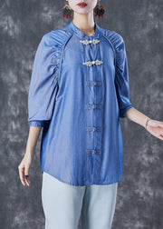 Simple Demin Blue Chinese Button Wrinkled Cotton Shirt Top Fall