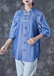 Simple Demin Blue Chinese Button Wrinkled Cotton Shirt Top Fall