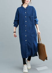 Simple Denim Blue Stand Collar Oversized Side Open Cotton Shirt Dresses Spring