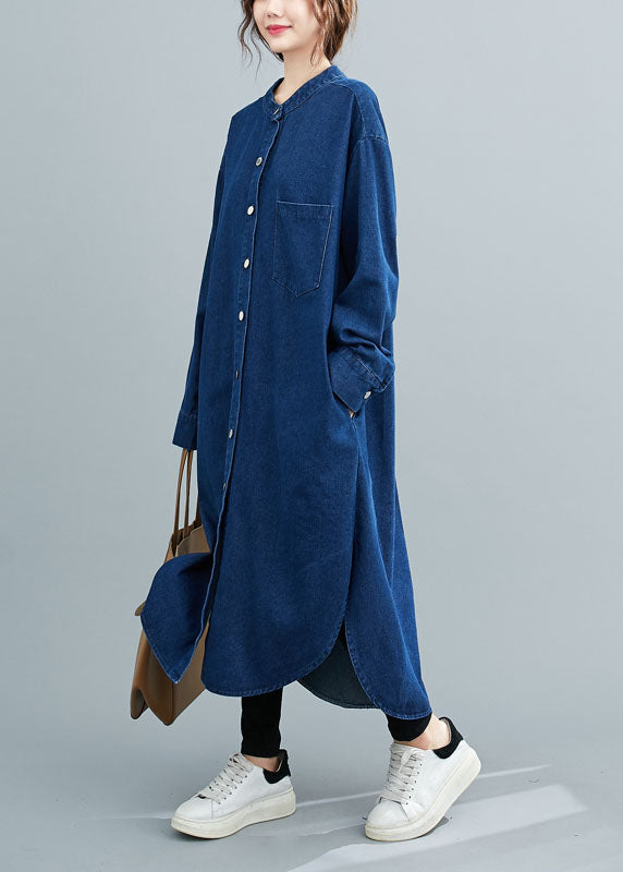 Simple Denim Blue Stand Collar Oversized Side Open Cotton Shirt Dresses Spring