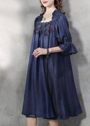 Simple Denim Blue wrinkled Ruffled Embroidered Cotton silk Dress lantern sleeve